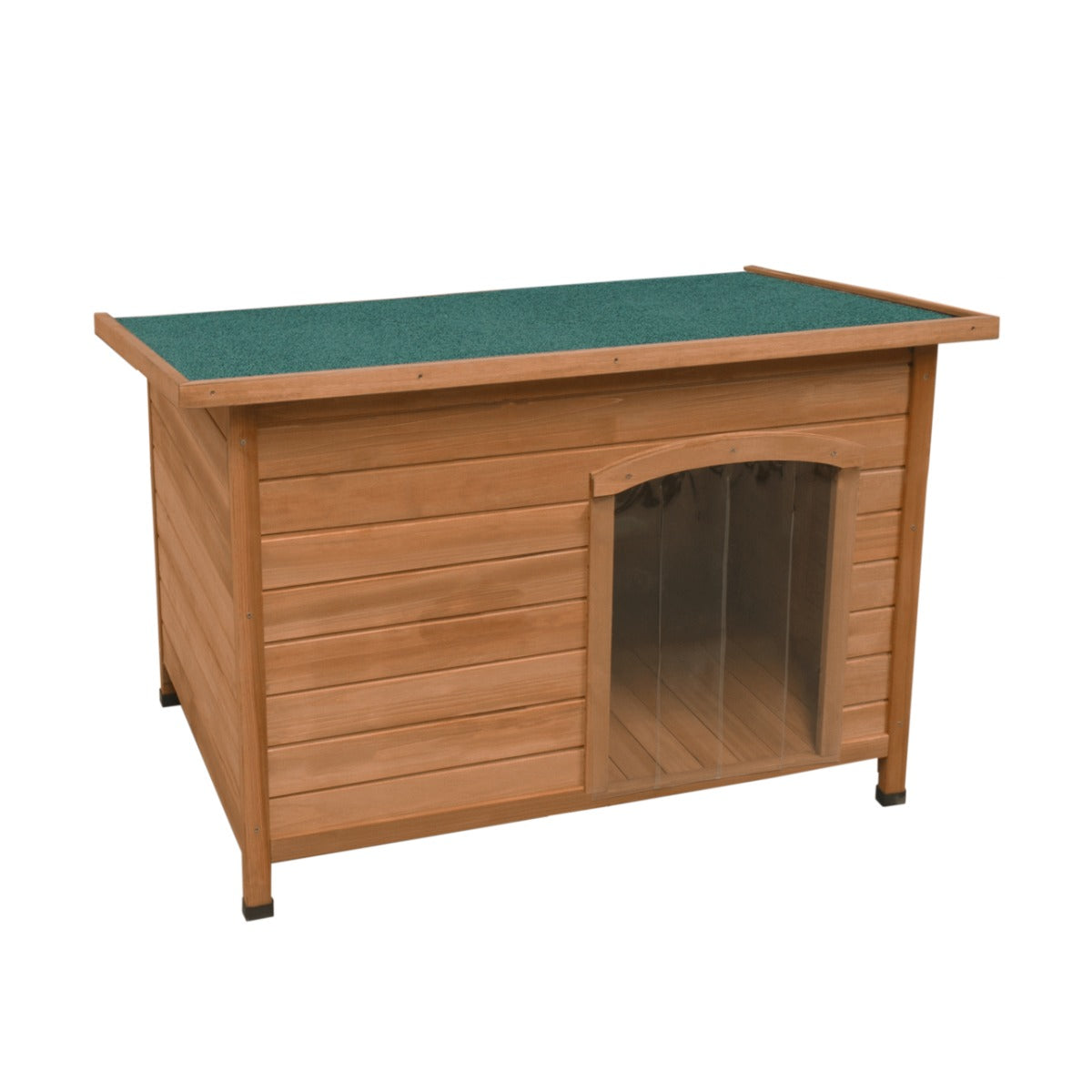 Niche pour chien en bois, couleur miel, toit vert en feutre, porte en plastique transparent, idéale pour les chiens de taille moyenne