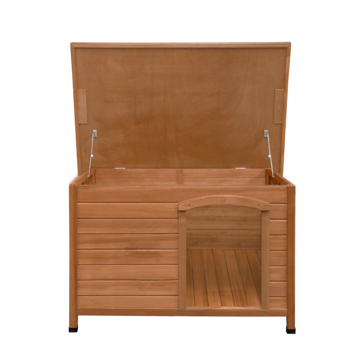 Niche pour chien en bois naturel, de taille moyenne, avec une porte d'entrée et un couvercle ouvert, offrant un espace confortable et sécurisé
