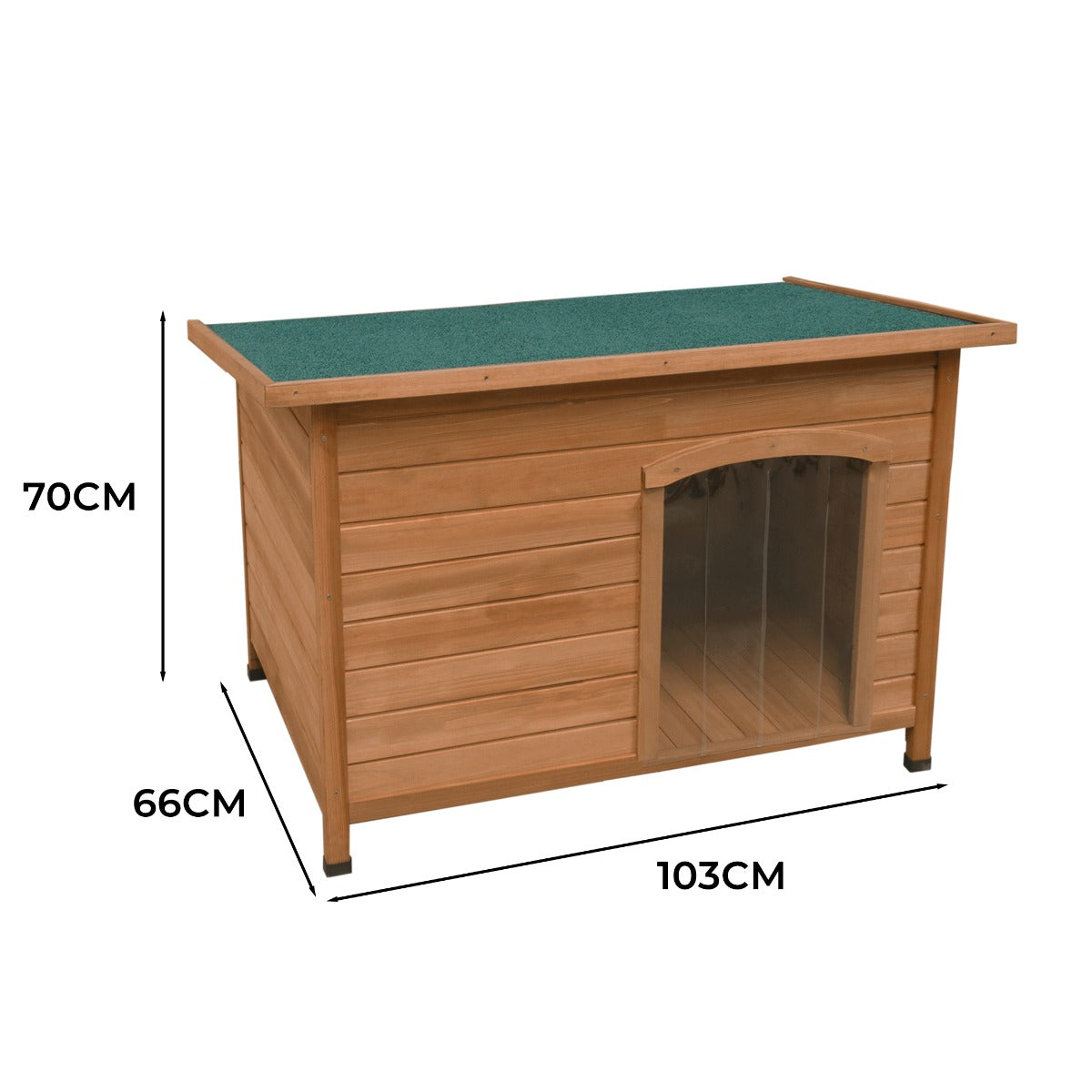 Niche pour chien de taille moyenne en bois, toit vert, porte en plastique transparent, dimensions 103x66x70 cm, texture lisse