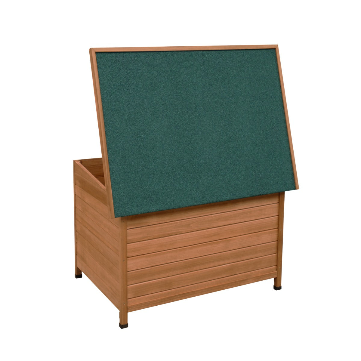 Niche pour chien de taille moyenne en bois avec un couvercle vert en feutre, offrant confort et protection pour votre animal