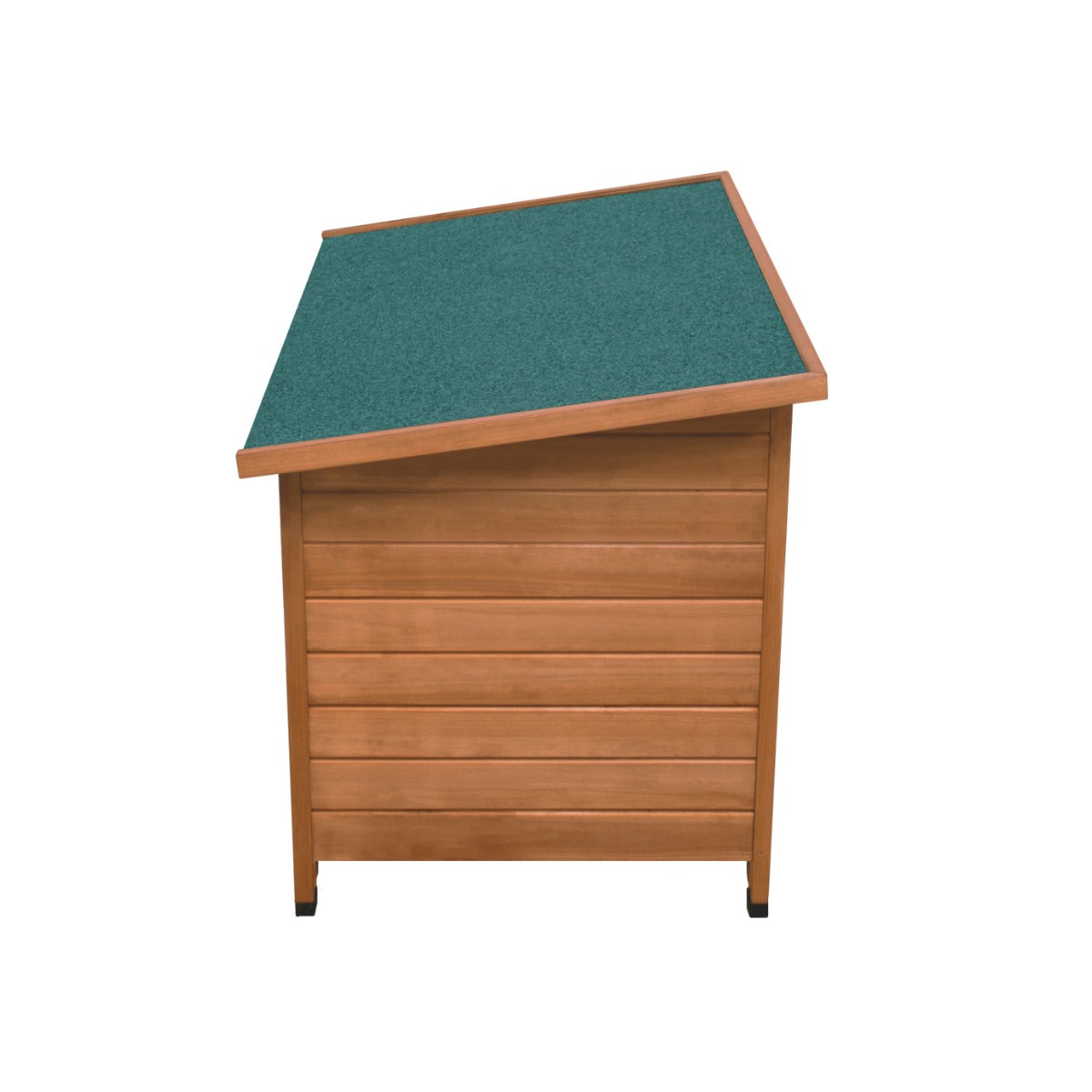 Niche pour chien de taille moyenne en bois avec toit incliné vert, offrant un espace confortable et protégé pour les animaux