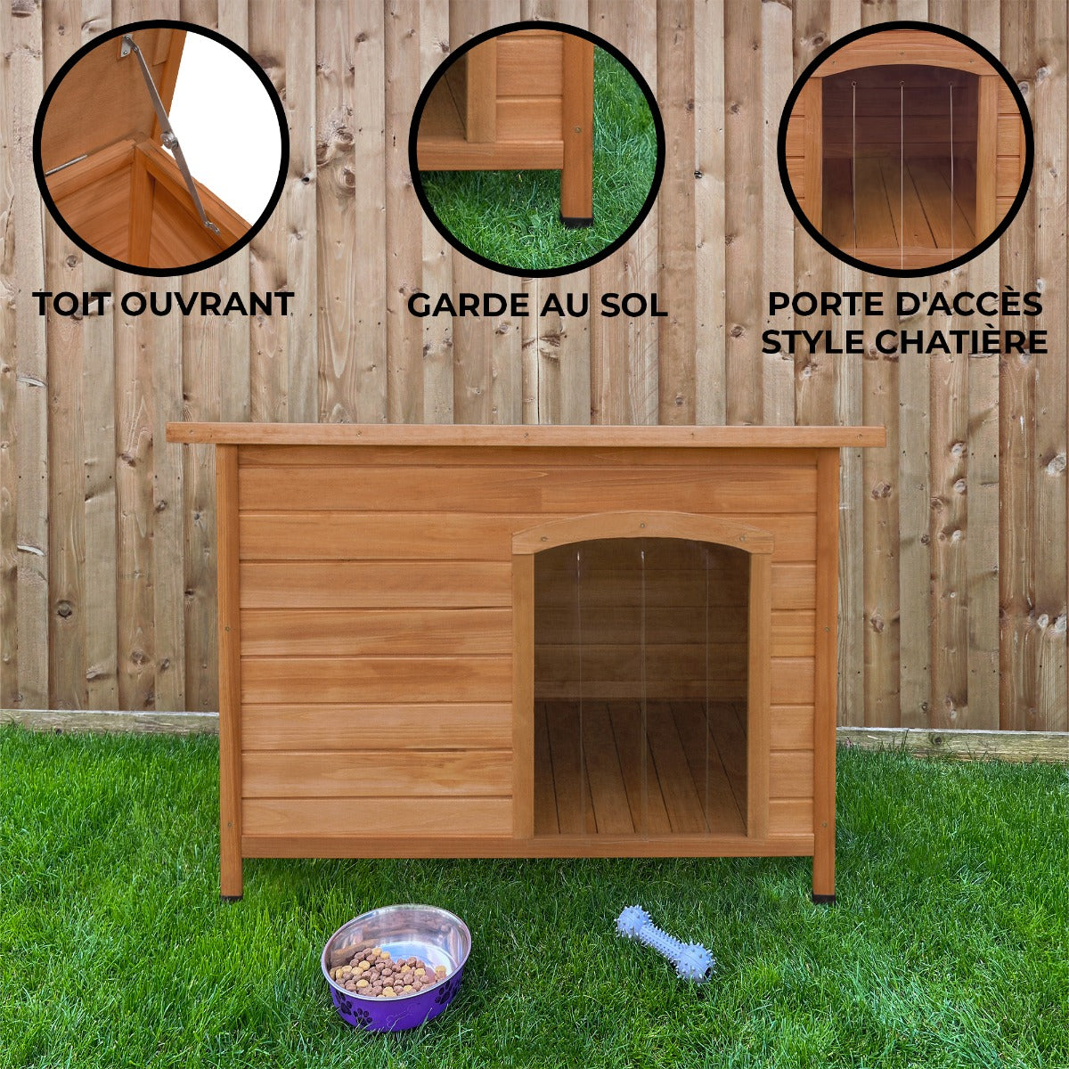 Niche pour chien en bois, toit ouvrant, porte style chatière, surélevée pour protection, avec un fond en herbe verte et un bol de nourriture