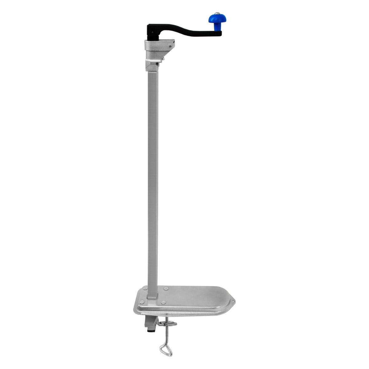 Ouvre-boîte commercial en métal argenté avec manivelle noire et bouton bleu, conçu pour une utilisation robuste et efficace