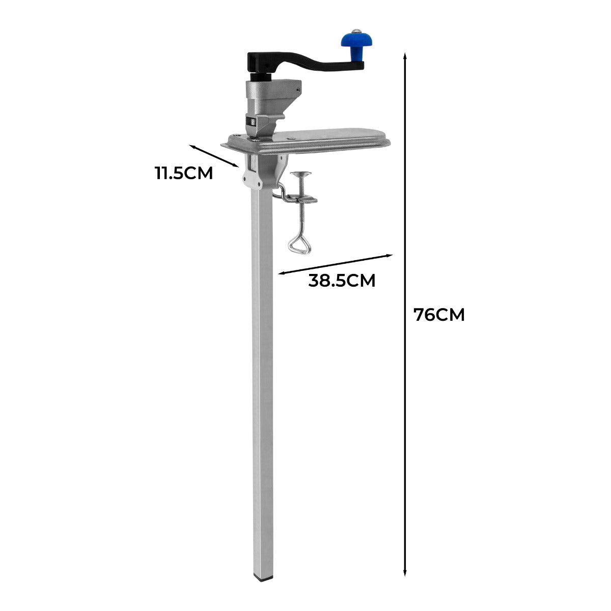 Ouvre-boîte commercial KuKoo en métal argenté, avec un levier bleu, dimensions 76 cm de hauteur, 38,5 cm de largeur et 11,5 cm de profondeur