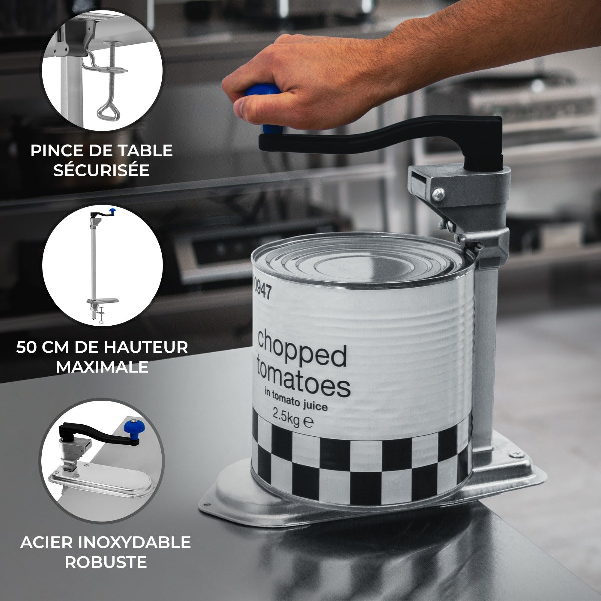 Ouvre-boîte commercial KuKoo en acier inoxydable, avec manivelle bleue, conçu pour des boîtes de 2,5 kg, robuste et sécurisé