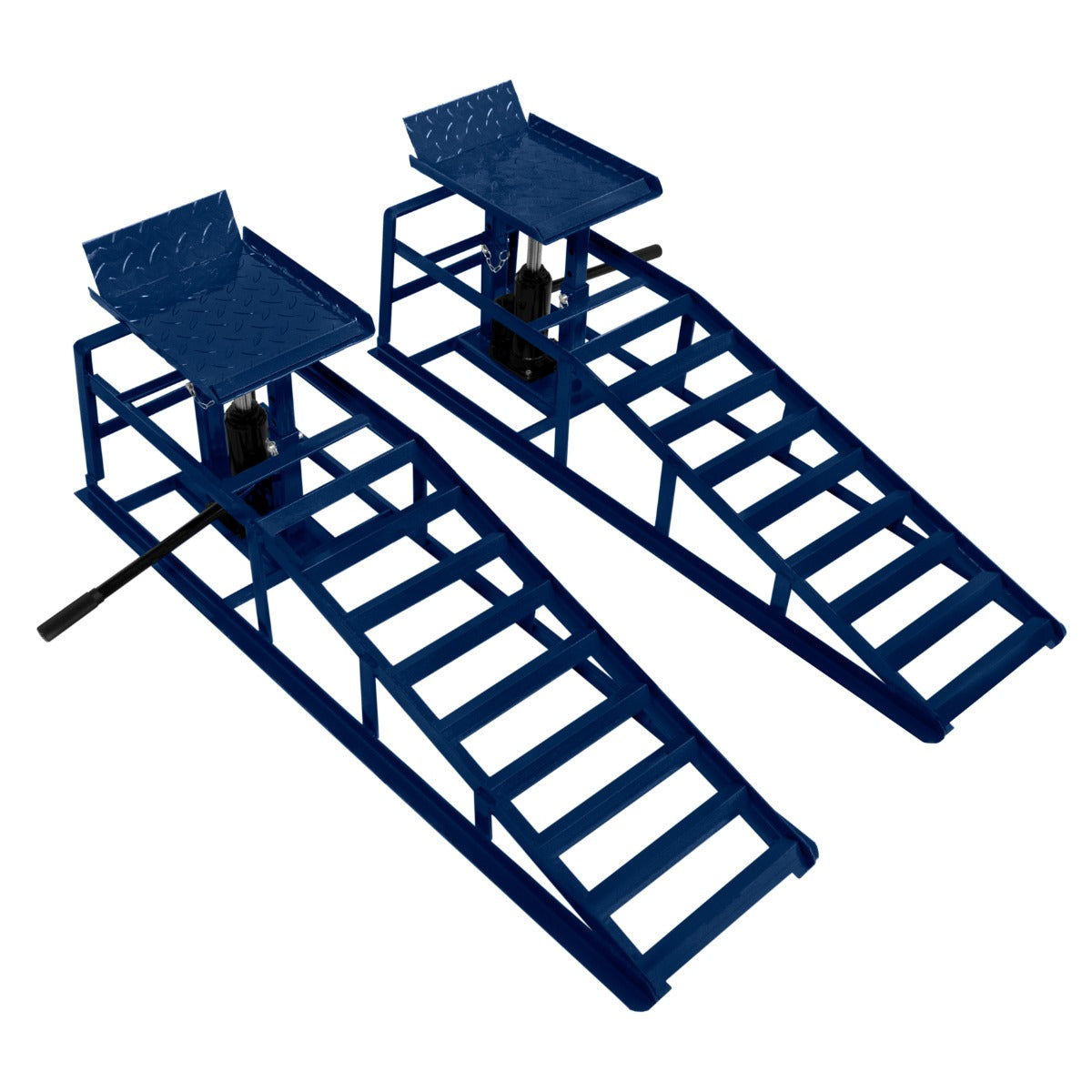 Rampes hydrauliques bleues pour véhicules, avec surface antidérapante et structure en métal robuste, idéales pour l'entretien automobile