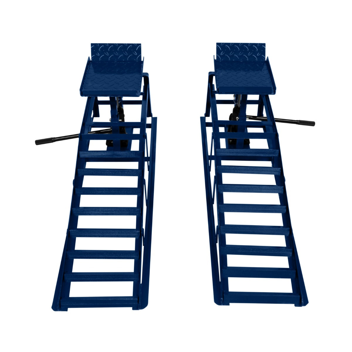 Rampes hydrauliques robustes pour véhicules, en acier bleu, avec surface antidérapante et échelle pour un accès facile et sécurisé