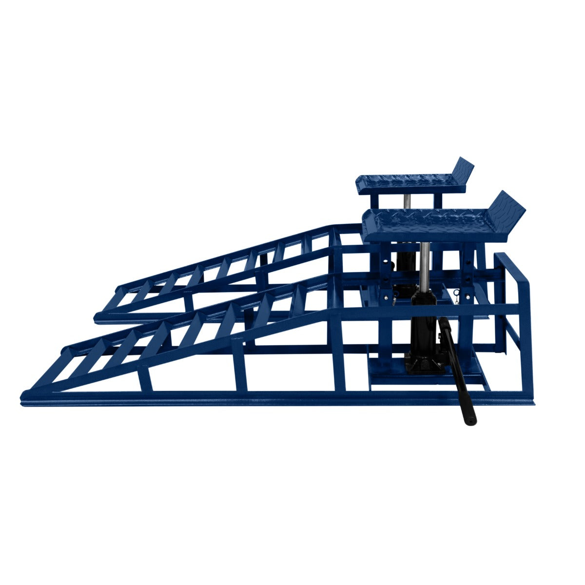 Rampes hydrauliques robustes pour véhicules, en métal bleu, avec surface antidérapante et design incliné pour un accès facile