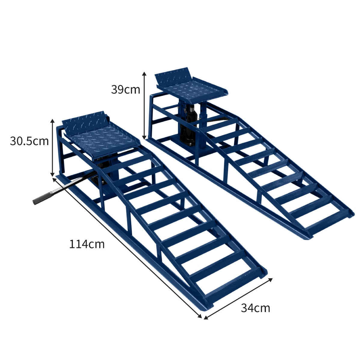 Rampes hydrauliques robustes pour véhicules, en métal bleu, avec surface antidérapante et dimensions de 114 cm de long et 39 cm de large