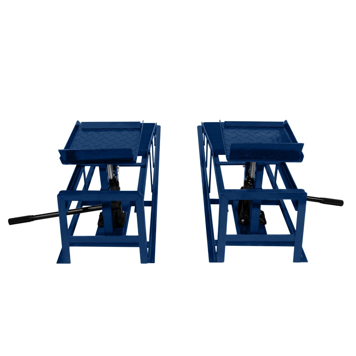 Rampes hydrauliques robustes pour véhicules, en métal bleu, avec surfaces texturées et poignées pour un levage facile et sécurisé