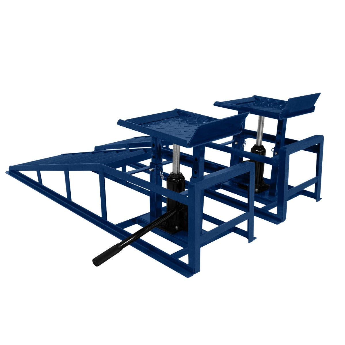Rampes hydrauliques robustes pour véhicules, en acier bleu, avec surfaces texturées pour une meilleure adhérence et sécurité