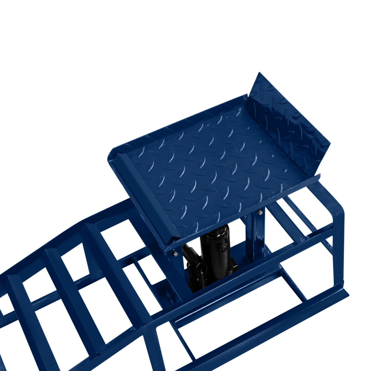 Rampes hydrauliques pour véhicules en acier bleu, surface antidérapante, conception robuste avec support pour chargement facile