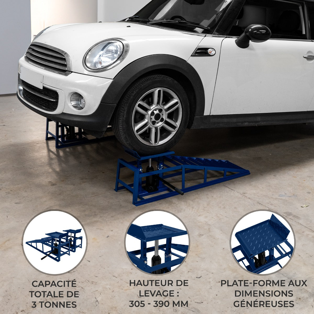 Rampes hydrauliques robustes pour véhicules, couleur bleue, capacité de 3 tonnes, conçues pour un levage de 305 à 390 mm