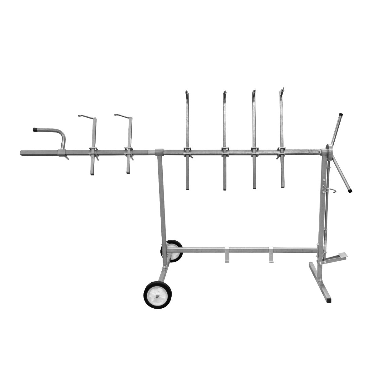 Support rotatif en métal argenté pour panneaux de véhicules, avec roues blanches et plusieurs supports ajustables pour une utilisation pratique