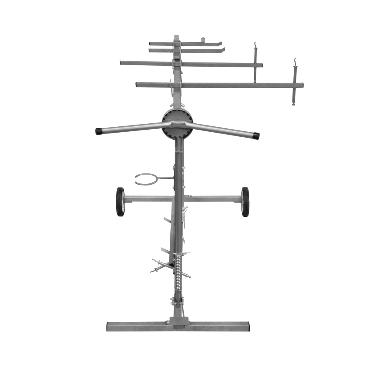 Support rotatif en métal argenté pour panneaux de véhicules, avec bras ajustables et roulettes pour un déplacement facile