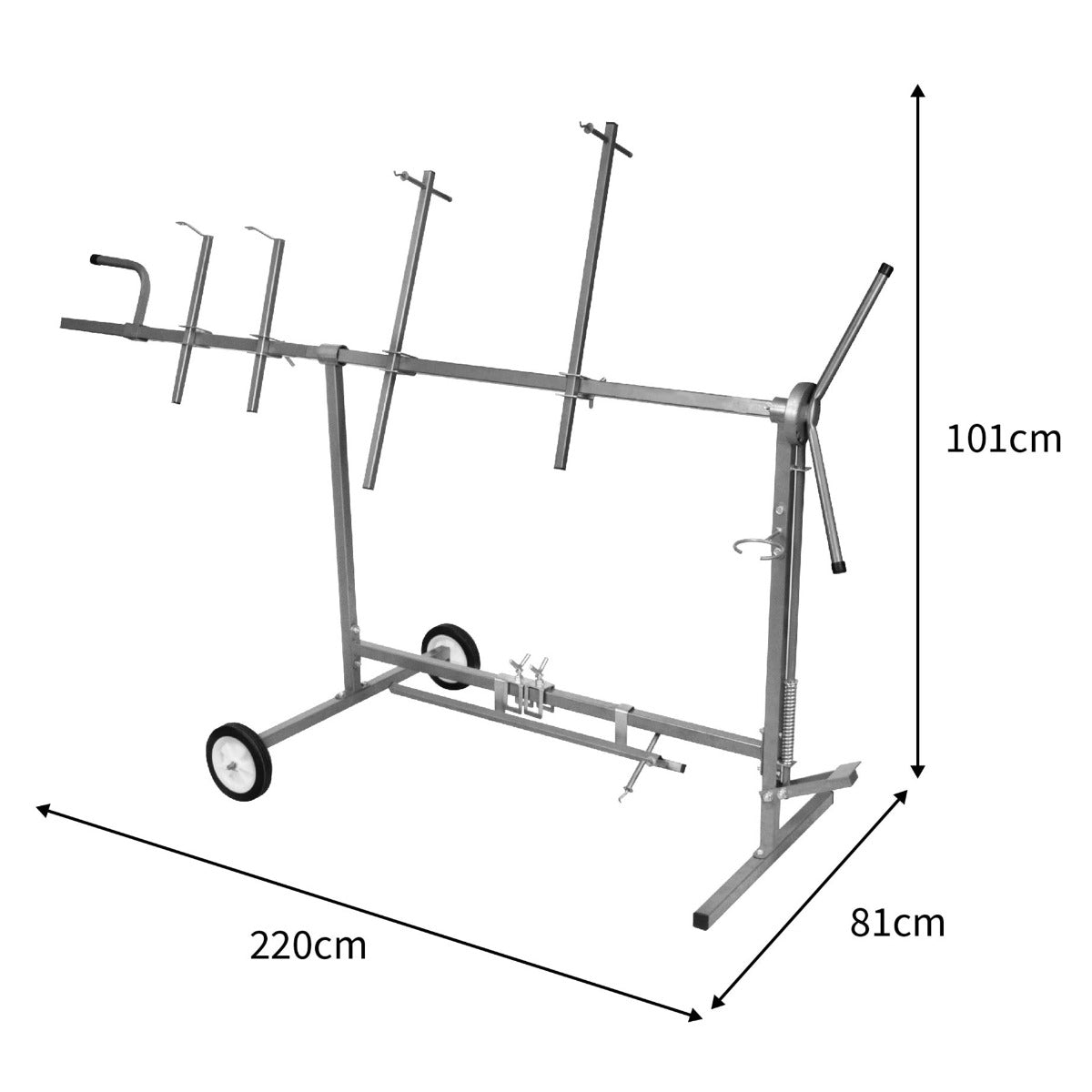 Support rotatif en métal argenté pour panneaux de véhicules, dimensions 220 cm x 81 cm x 101 cm, avec roues pour mobilité facile