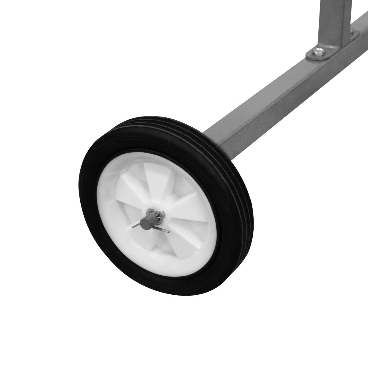 Roues en caoutchouc noir avec jante blanche, support rotatif en métal pour panneaux de véhicules, offrant durabilité et mobilité