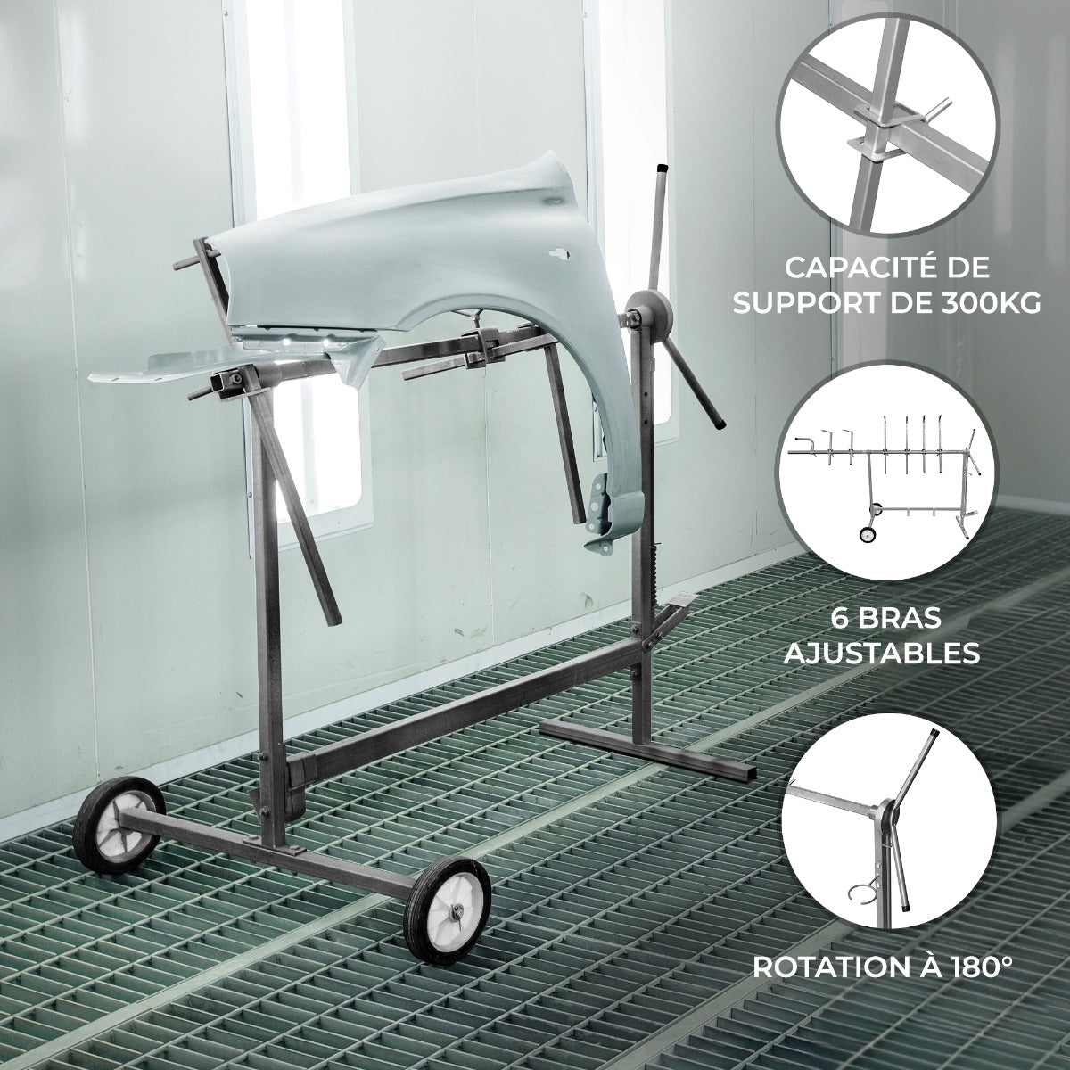 Support rotatif en métal pour panneaux de véhicules, capacité de 300 kg, avec bras ajustables et rotation à 180°, sur roulettes
