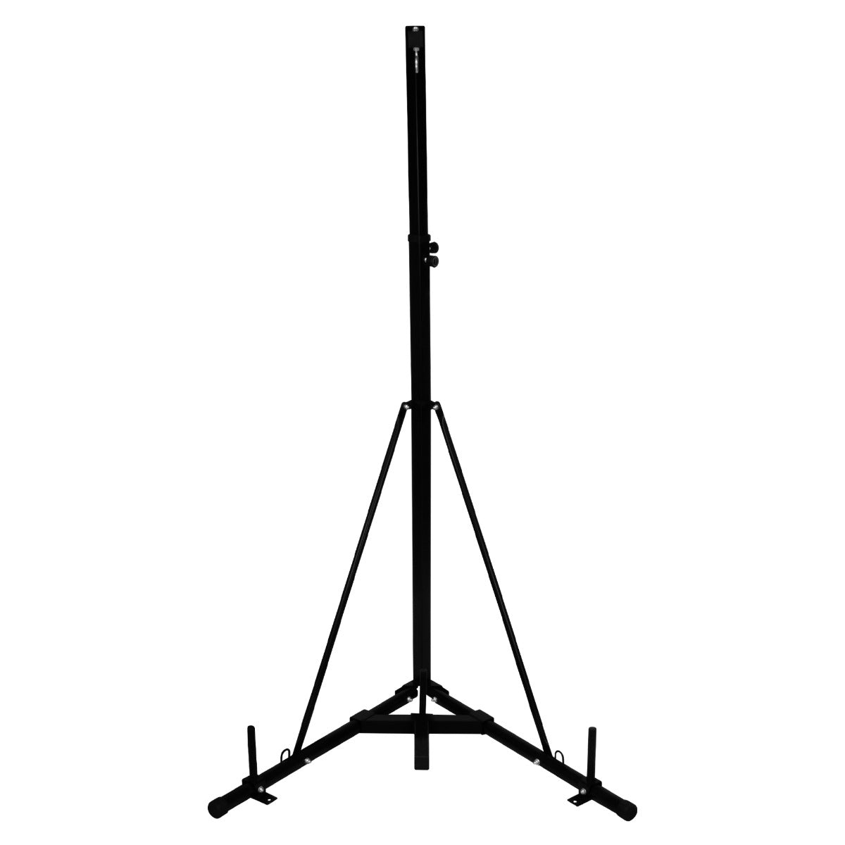 Support autoportant et pliable en métal noir, conçu pour maintenir un sac de frappe, avec une base stable et des bras ajustables