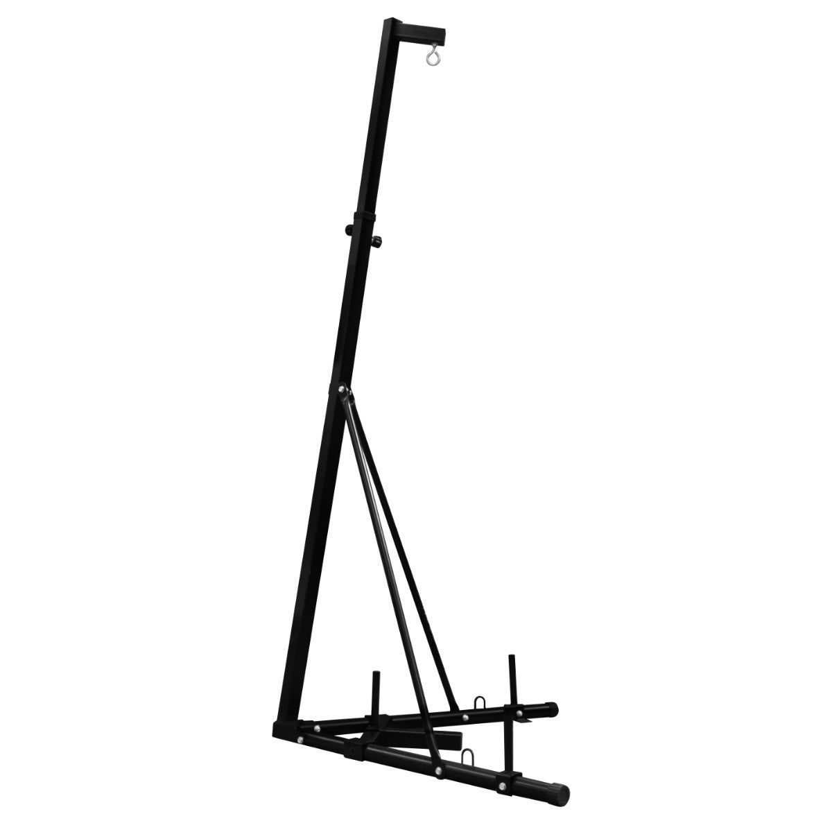 Support autoportant et pliable pour sac de frappe, en métal noir, avec une structure triangulaire stable et un crochet supérieur pour suspendre le sac
