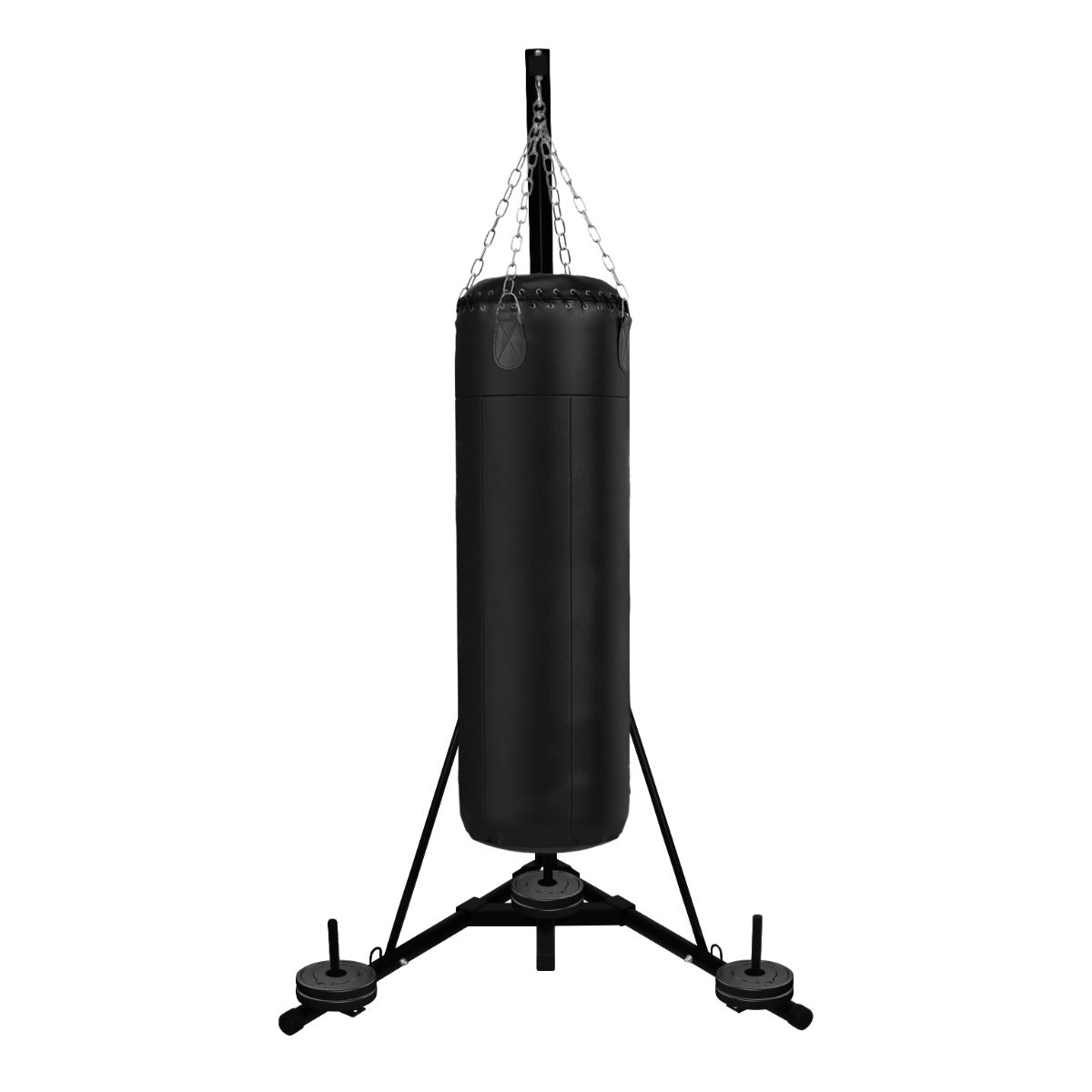 Support autoportant et pliable pour sac de frappe noir, avec une base stable et des poids pour une utilisation sécurisée et pratique
