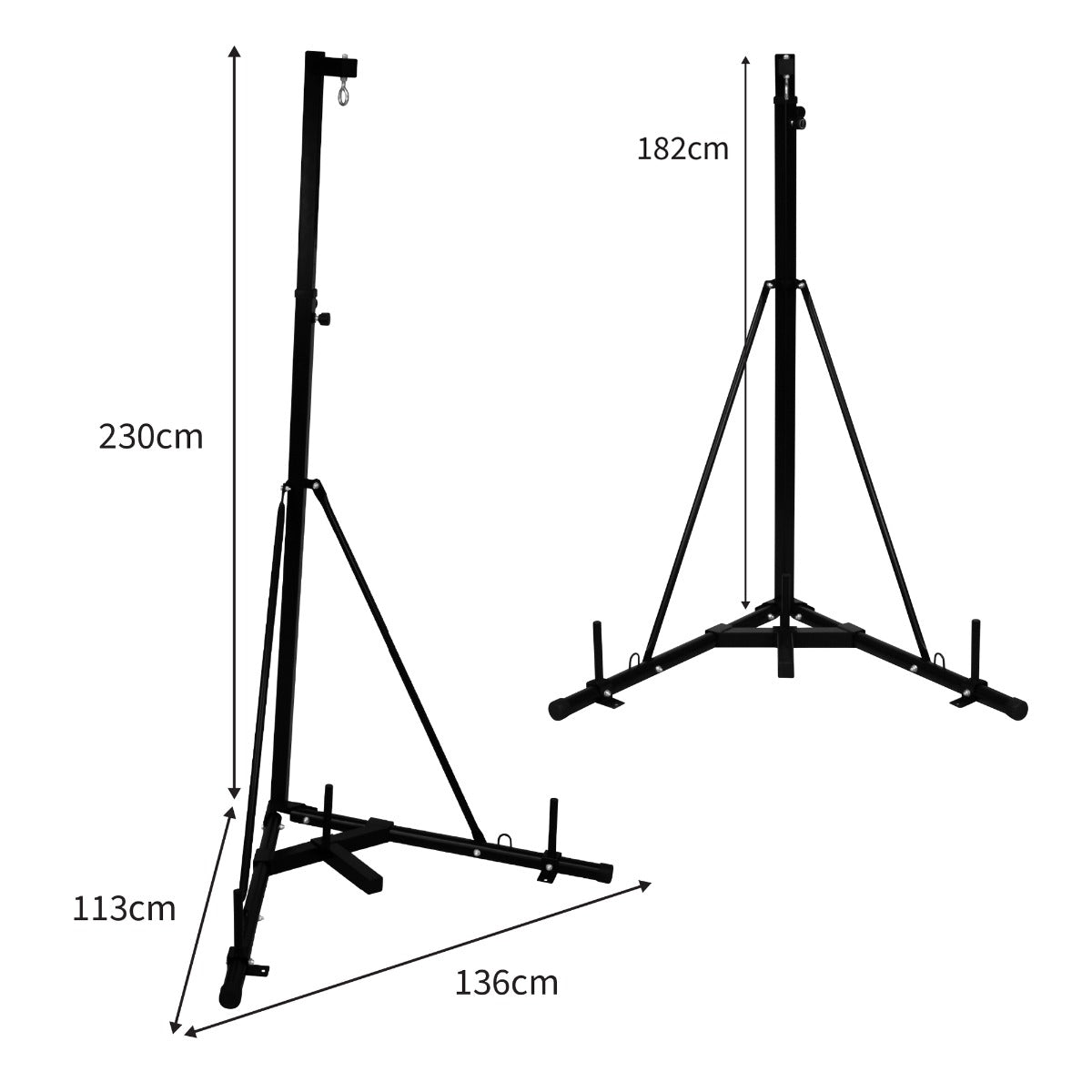 Support autoportant et pliable en métal noir pour sac de frappe, avec des dimensions ajustables et une base stable à trois pieds