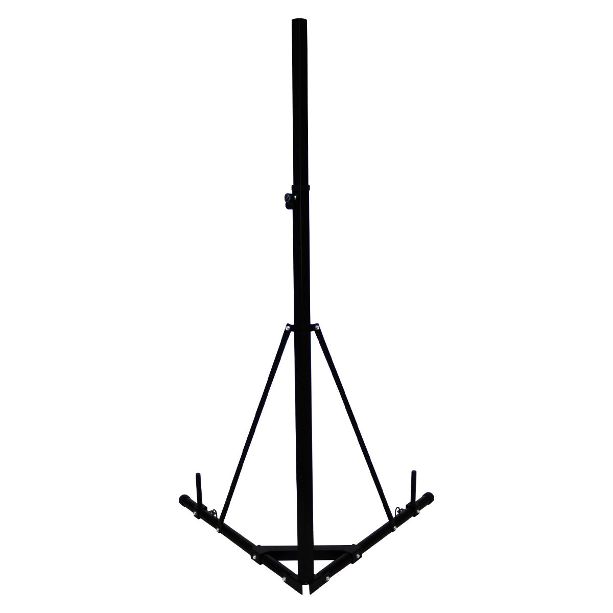 Support autoportant et pliable en métal noir, conçu pour maintenir un sac de frappe, avec une base triangulaire stable et ajustable