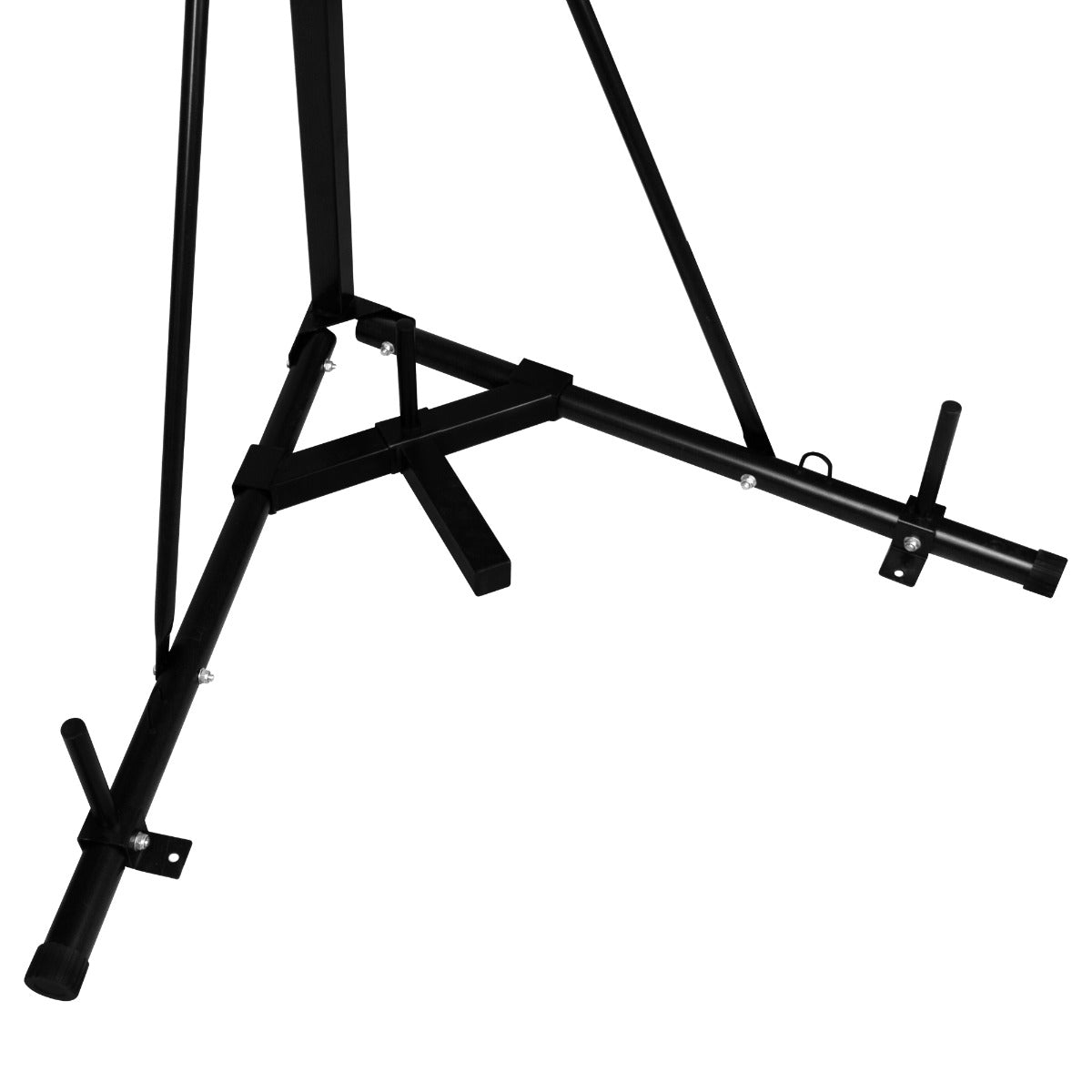 Support autoportant et pliable en métal noir, avec des pieds robustes et un design compact pour un rangement facile, idéal pour sac de frappe
