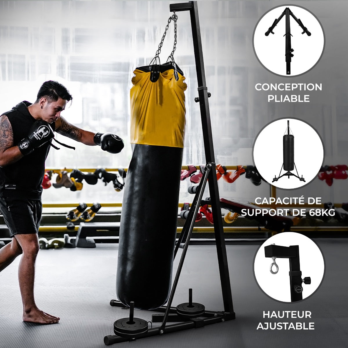 Support autoportant et pliable pour sac de frappe, noir et jaune, avec hauteur ajustable et capacité de 68 kg, idéal pour l'entraînement