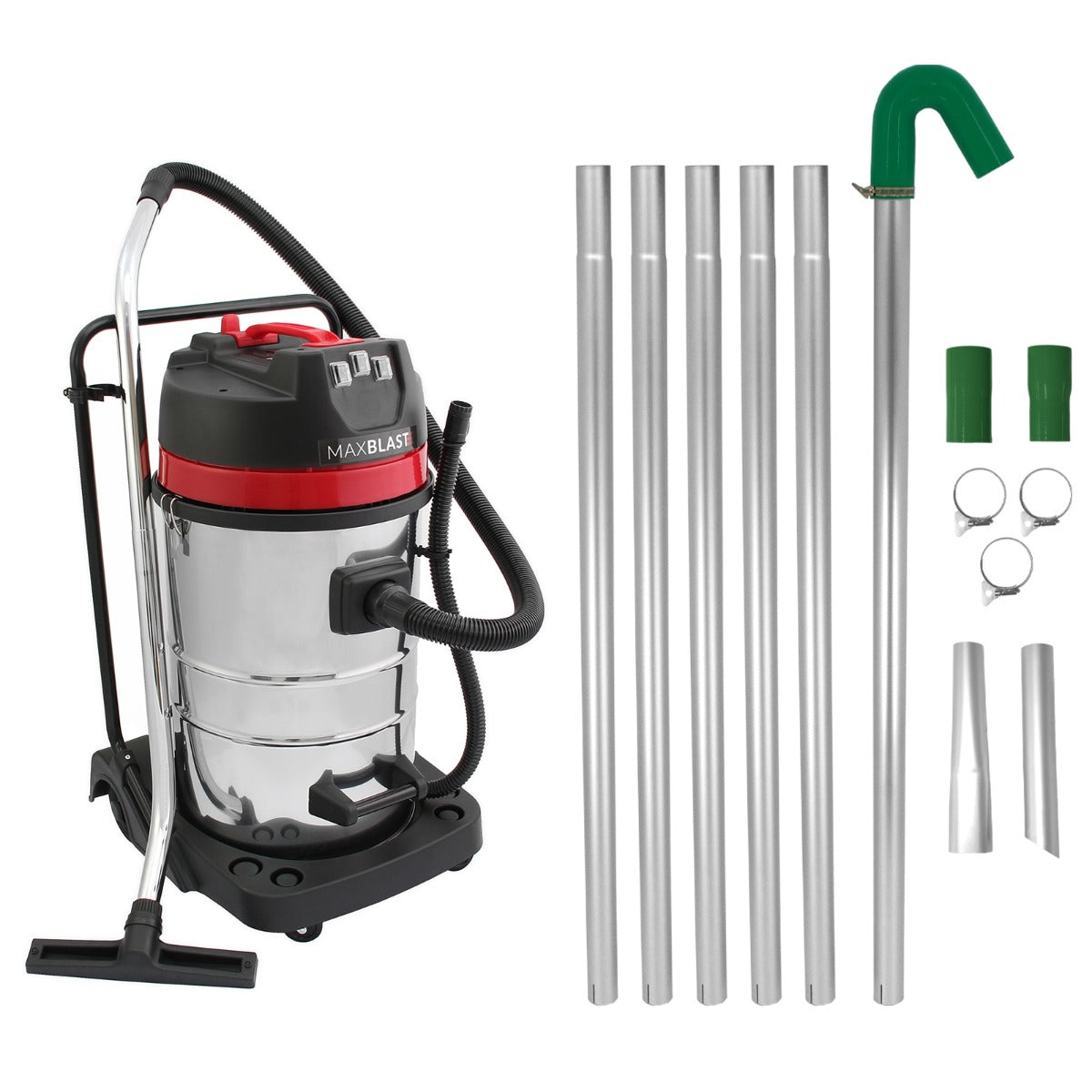 Aspirateur industriel MAXBLAST de 80 L en acier inoxydable, avec accessoires en aluminium pour gouttières, couleur rouge et noir