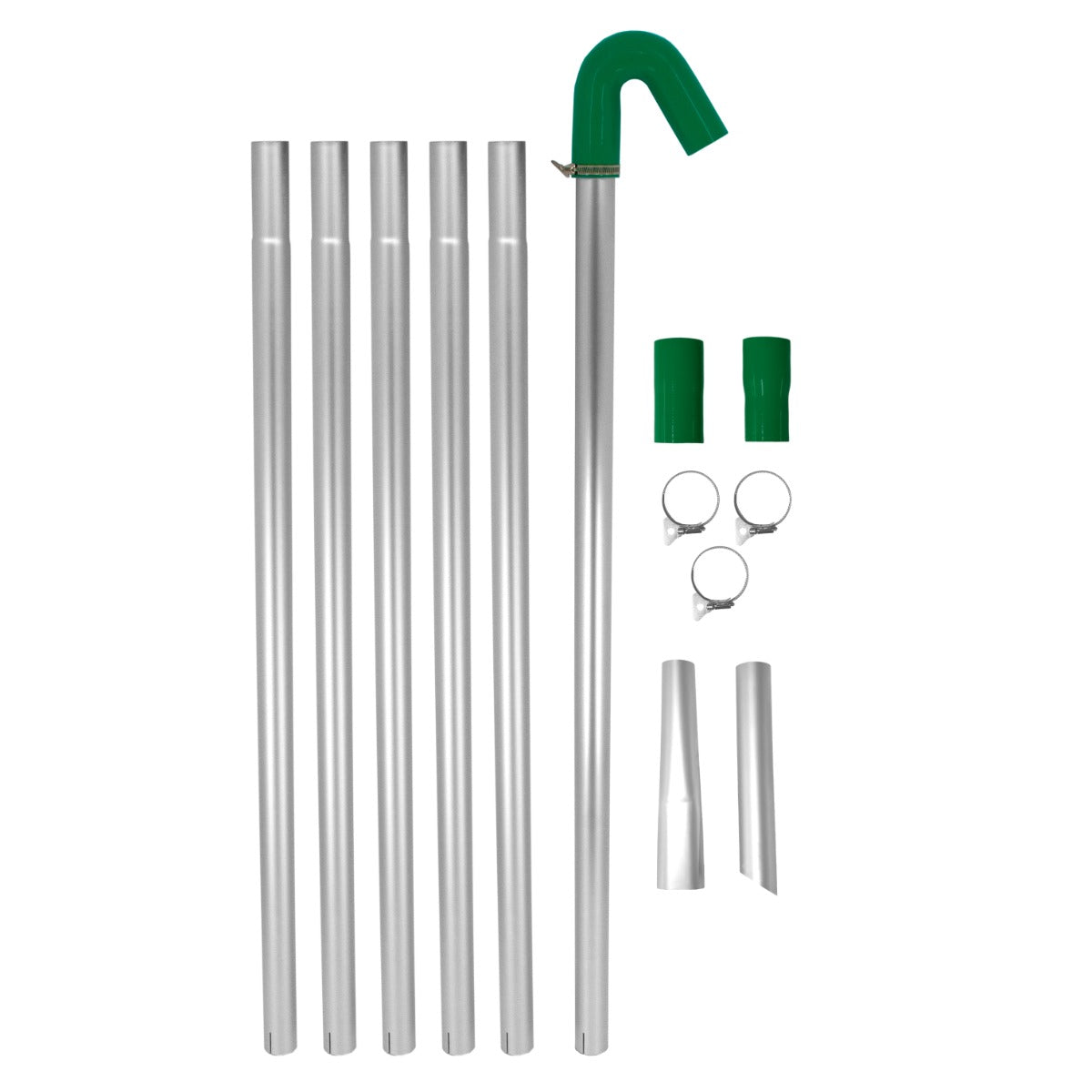 Lot de tuyaux en aluminium argenté pour aspirateur industriel, incluant une perche verte pour gouttières de 7,2 m et accessoires