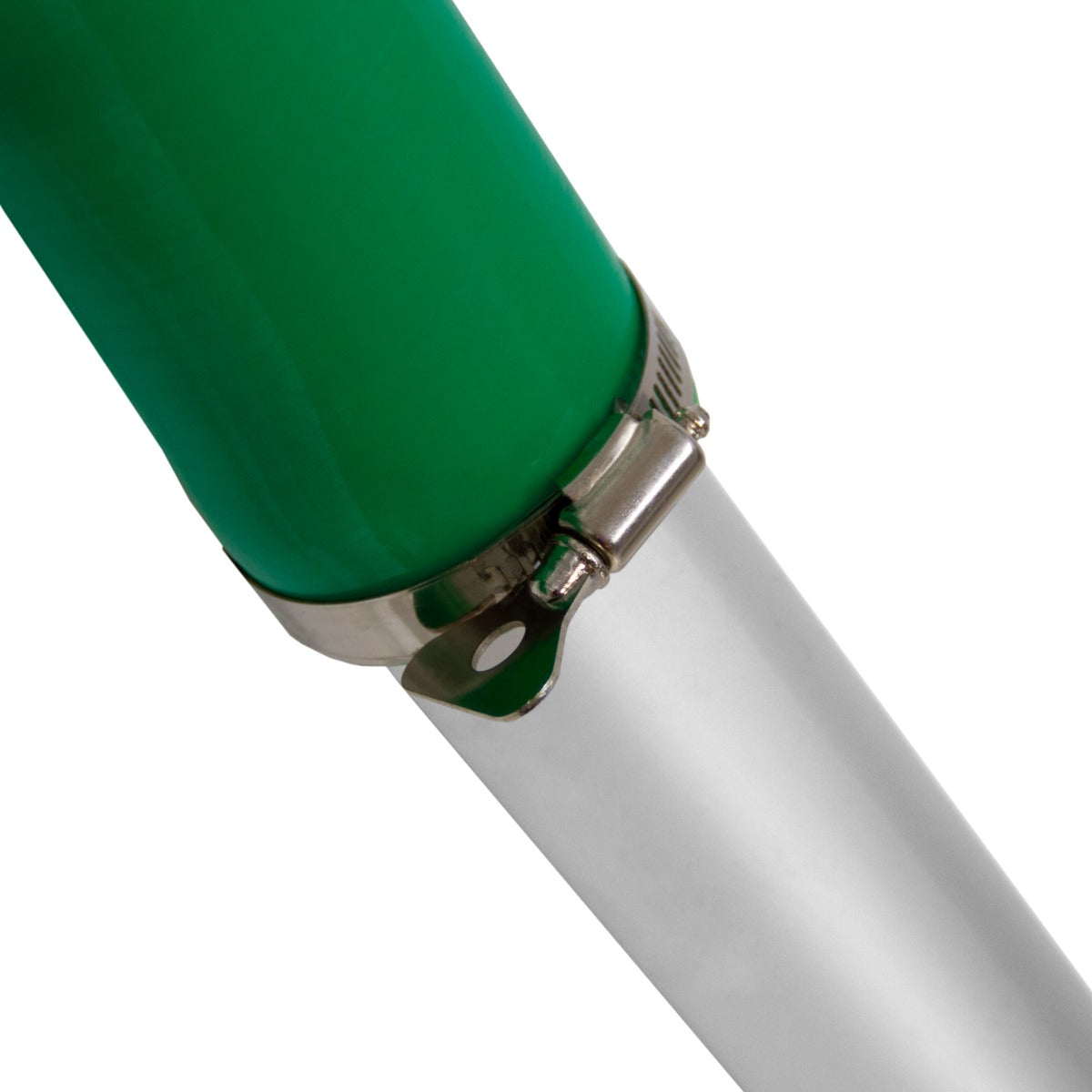 Perche en métal argenté avec embout en acier brillant, revêtement vert, conçue pour aspirateur industriel et gouttières