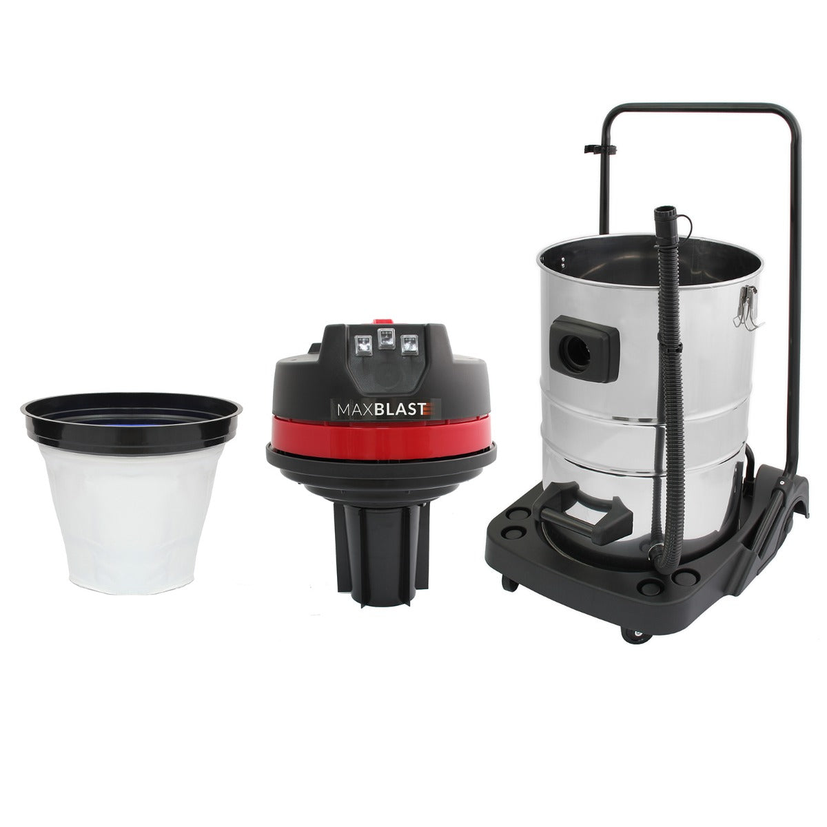 Aspirateur industriel MAXBLAST de 80 L avec réservoir en acier inoxydable, tuyau noir et accessoires pour gouttières, design robuste et fonctionnel