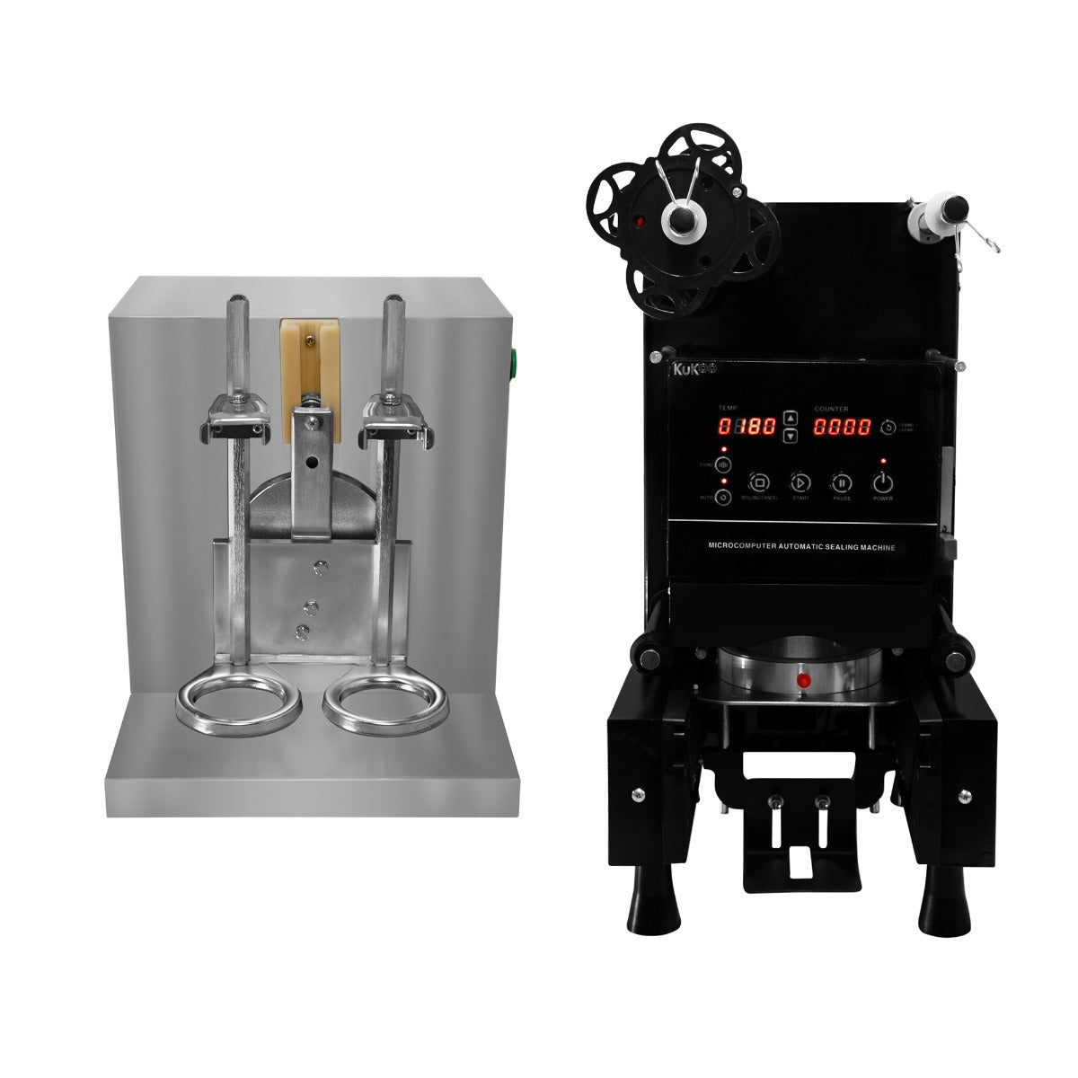 Machine à sceller et shaker pour bubble tea, finition en acier inoxydable, boutons numériques, design moderne et compact