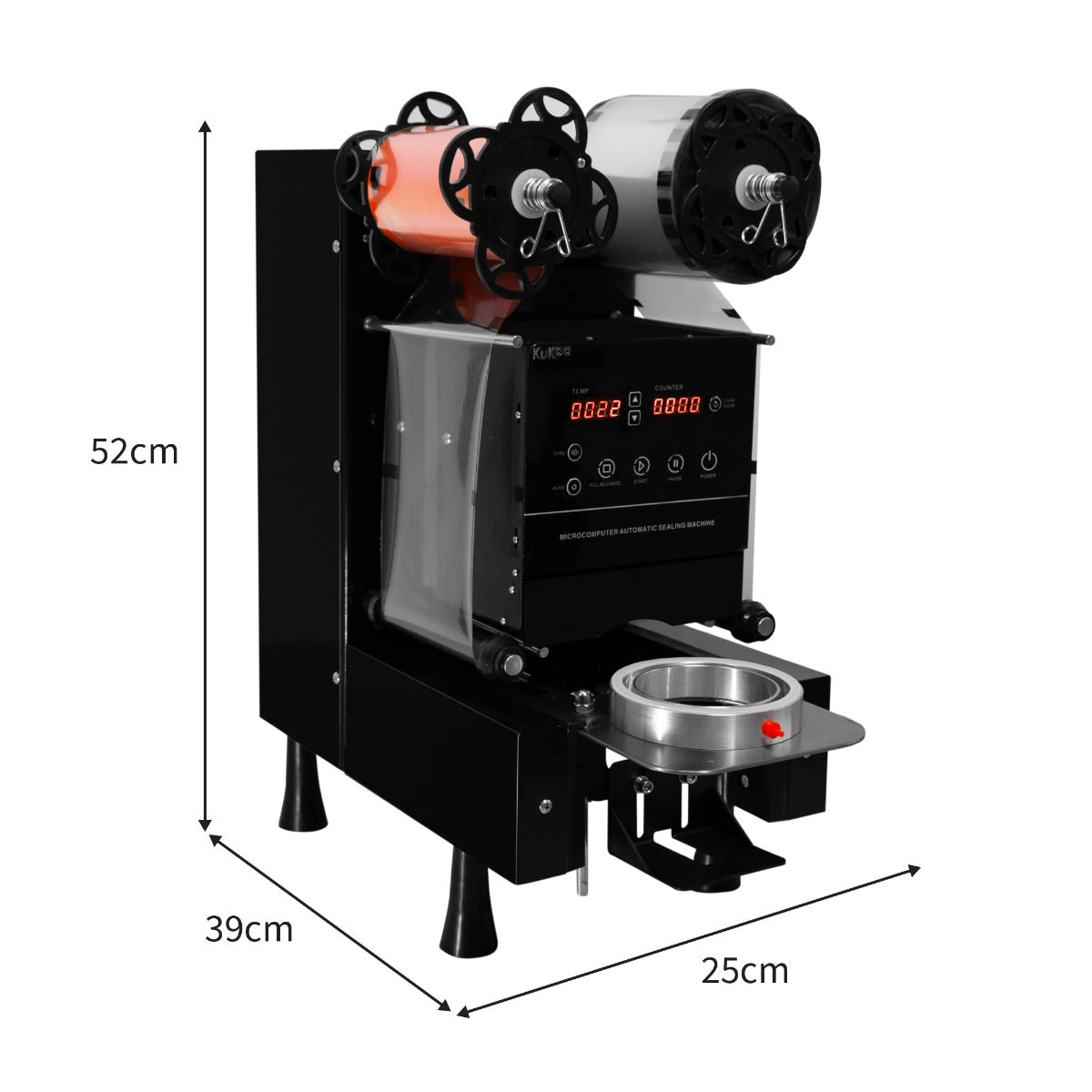 Machine à sceller noire pour bubble tea avec écran numérique, rouleaux en métal, dimensions 52 cm de haut, 39 cm de large, 25 cm de profondeur