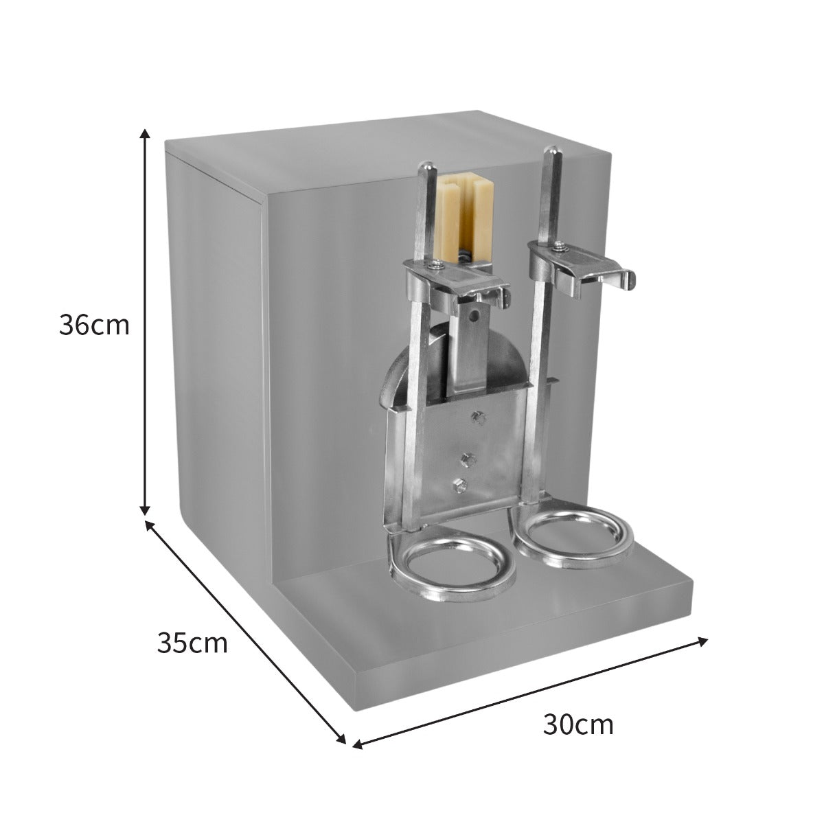 Machine à sceller en acier inoxydable pour bubble tea, dimensions 36 cm de haut, 35 cm de large, 30 cm de profondeur, finition lisse et moderne