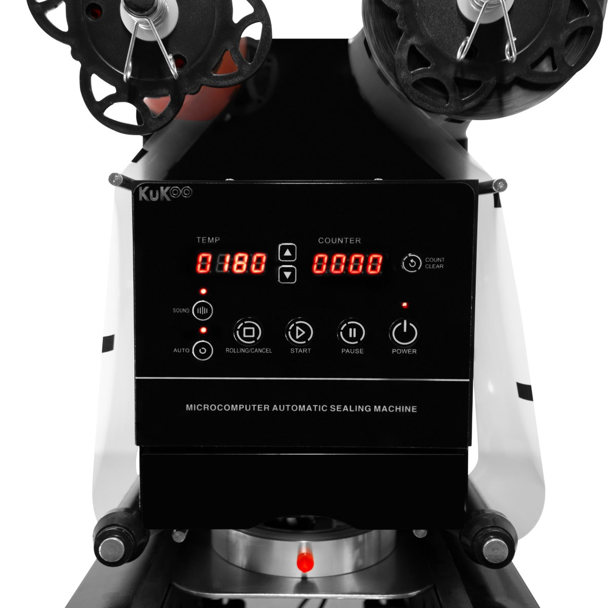 Machine à sceller KuKoo avec écran numérique, boutons de contrôle et rouleaux pour sceller les gobelets de bubble tea, finition noire élégante