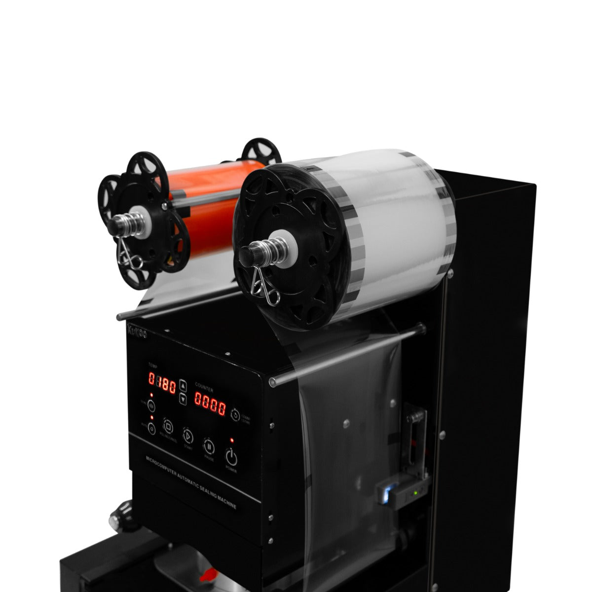 Machine à sceller pour bubble tea avec rouleaux transparent et orange, affichage numérique, design moderne et compact en noir