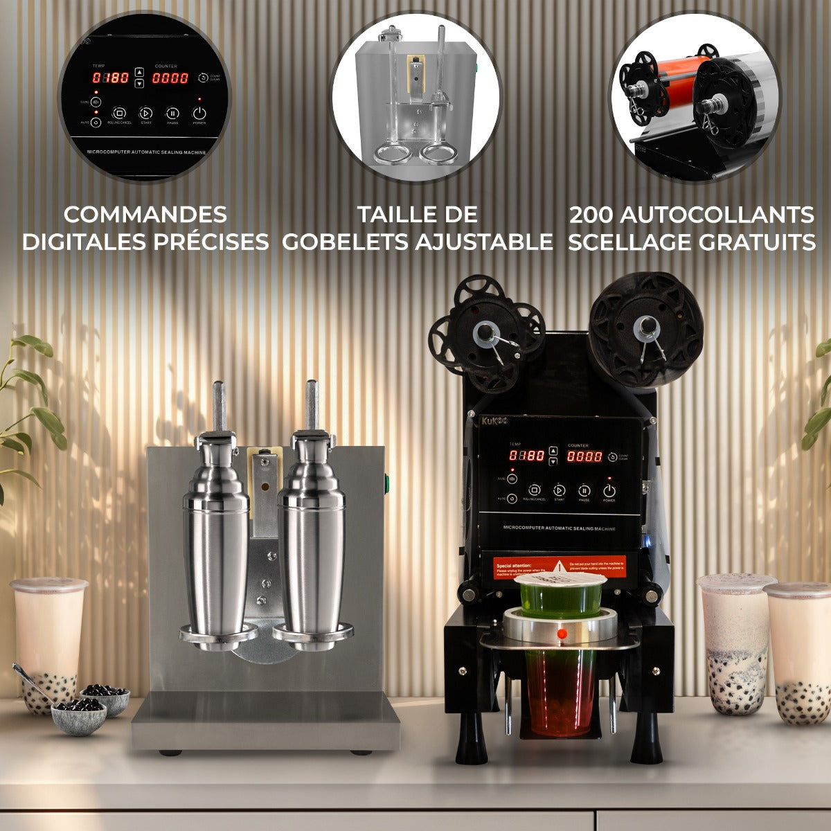 Shaker à bubble tea en acier inoxydable avec machine à sceller, commandes numériques, et gobelets ajustables, sur fond neutre