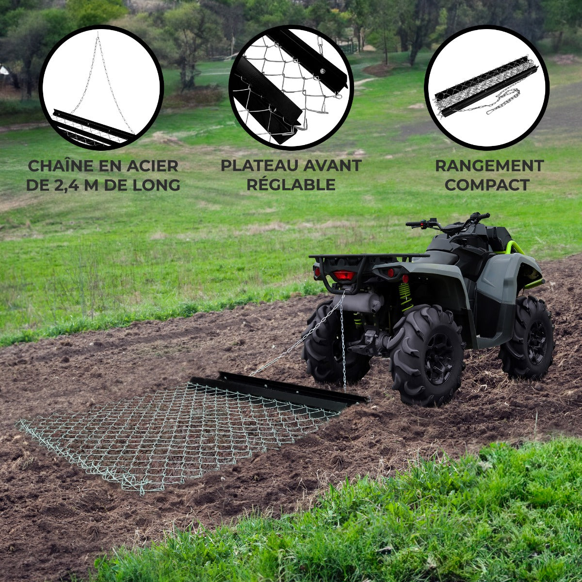 Herse traînée en acier noir de 1,2 m x 1,5 m, avec chaîne de 2,4 m et plateau avant réglable, idéale pour le jardinage et le défrichage