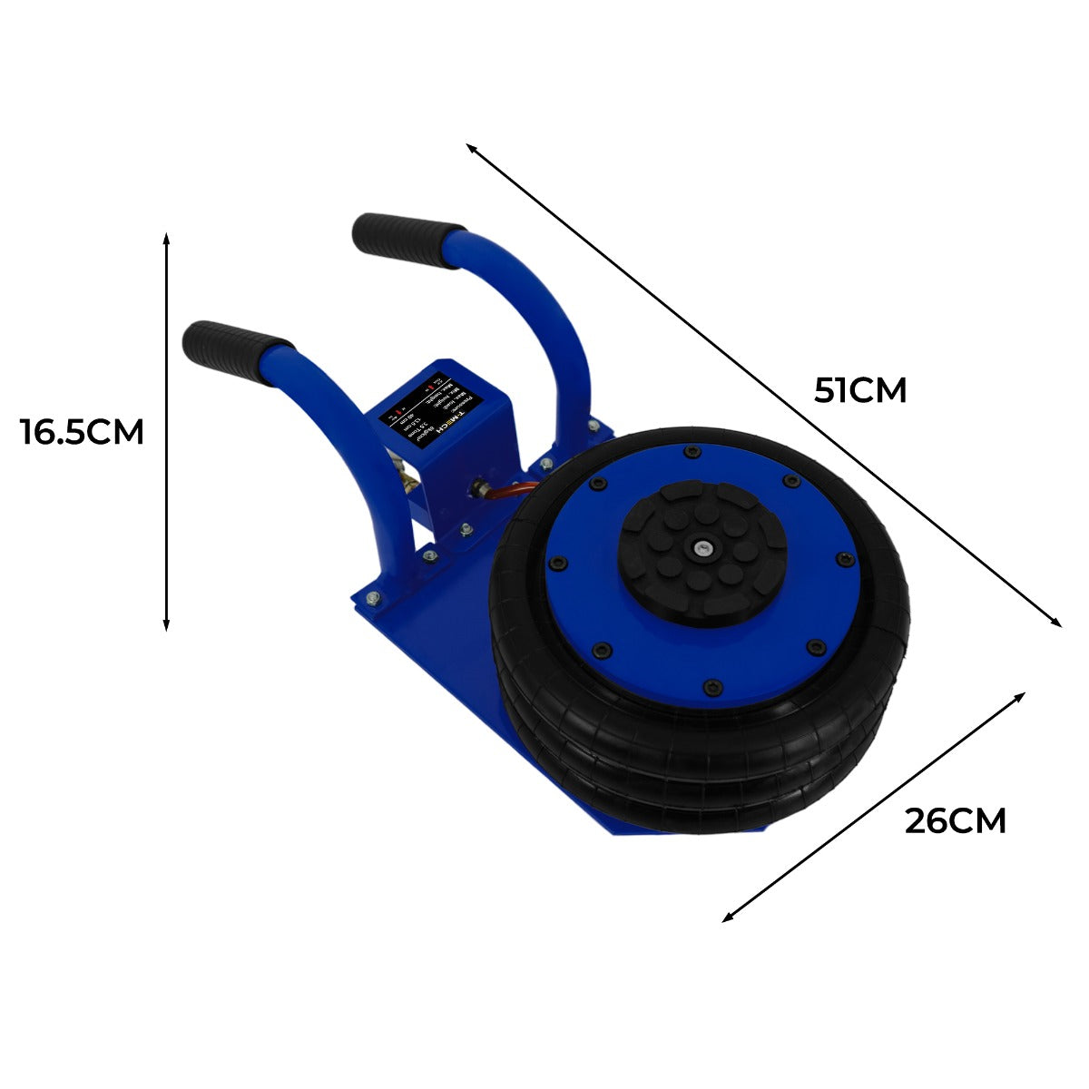 Cric pneumatique bleu de 3,5 T avec une grande roue noire, poignées en caoutchouc, dimensions de 51 cm x 26 cm x 16,5 cm