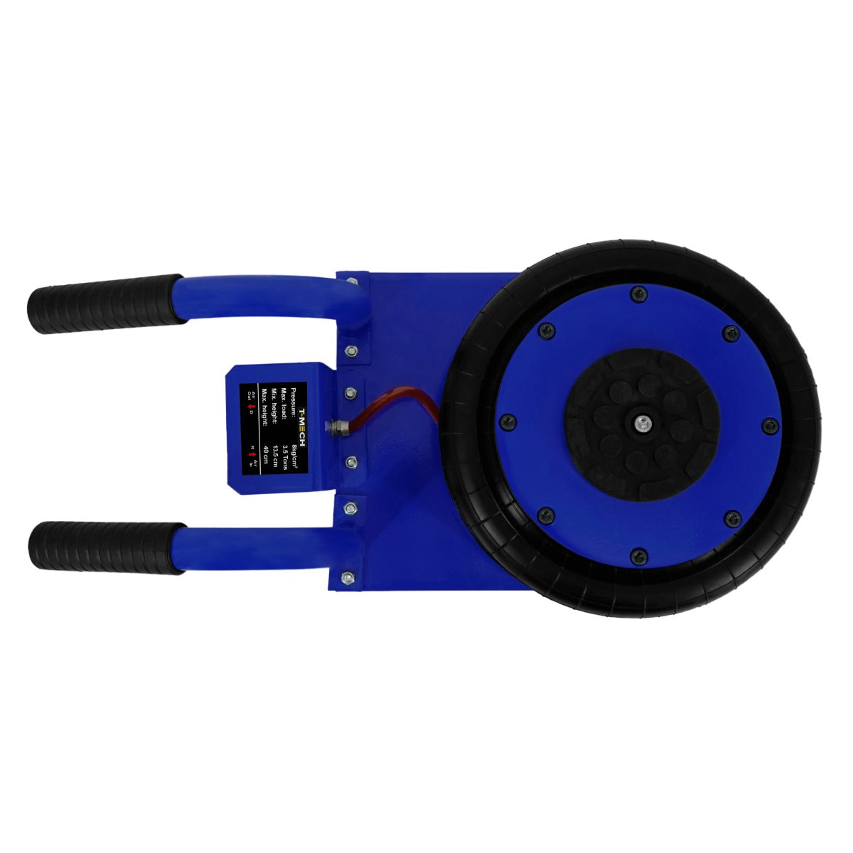 Cric pneumatique 3,5 T avec une base bleue, poignées noires en caoutchouc et une roue en caoutchouc texturé pour une meilleure adhérence