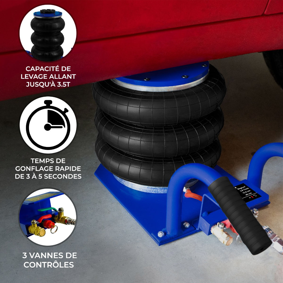 Cric pneumatique noir à trois sacs, base bleue, conçu pour un levage rapide jusqu'à 3,5 tonnes, avec vannes de contrôle visibles