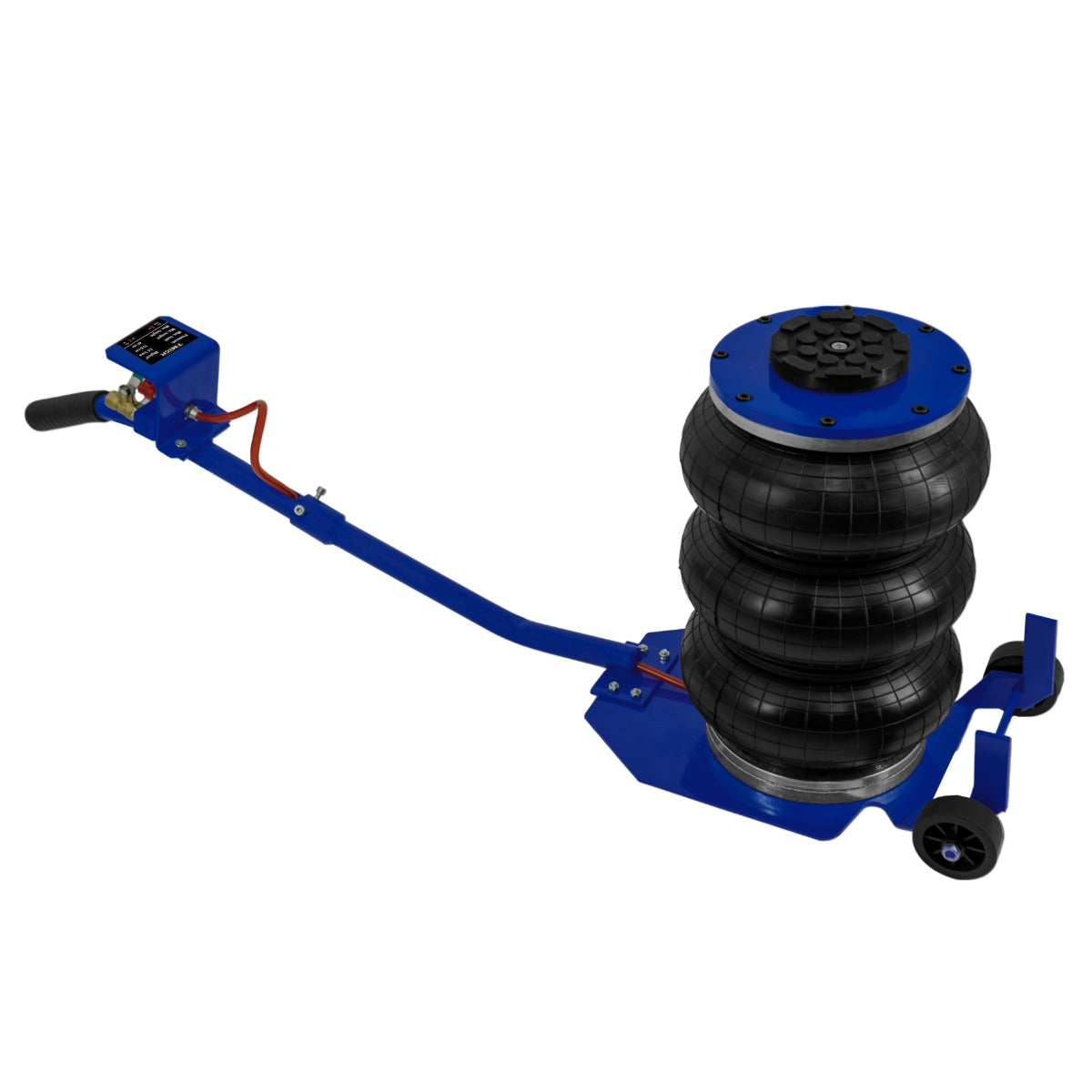 Cric pneumatique à manche long de 3,5 T, avec trois coussins noirs en caoutchouc, cadre bleu et poignée ergonomique pour un levage facile