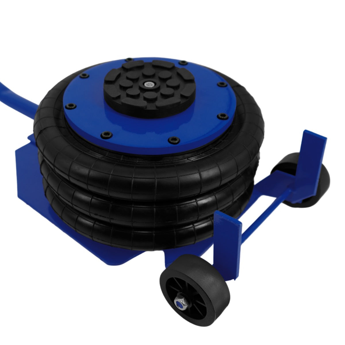 Cric pneumatique à manche long de 3,5 T, avec un design bleu et noir, roues robustes et surface texturée pour une meilleure adhérence