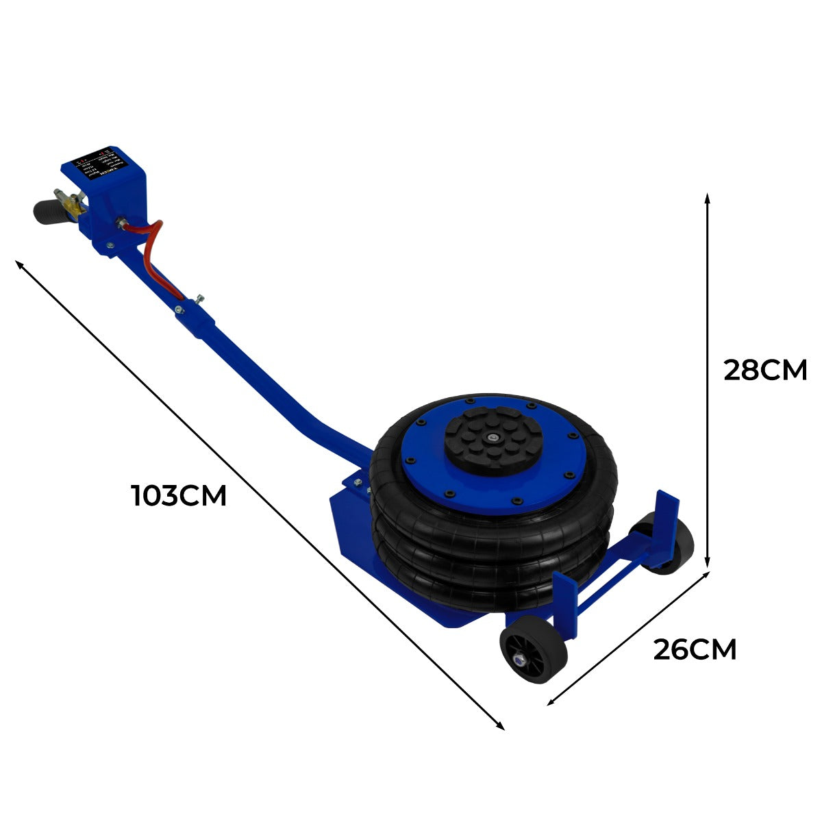 Cric pneumatique à manche long de 3,5 T, couleur bleu, avec un réservoir circulaire noir et des roues pour un transport facile