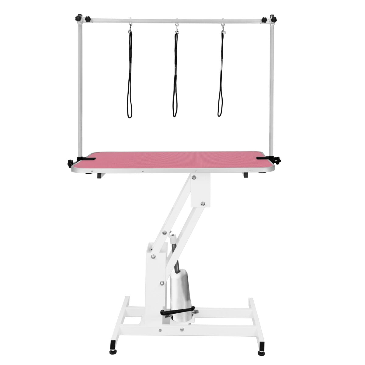 Table de toilettage hydraulique blanche avec plateau rose, équipée de sangles noires, offrant une surface lisse et stable pour le toilettage