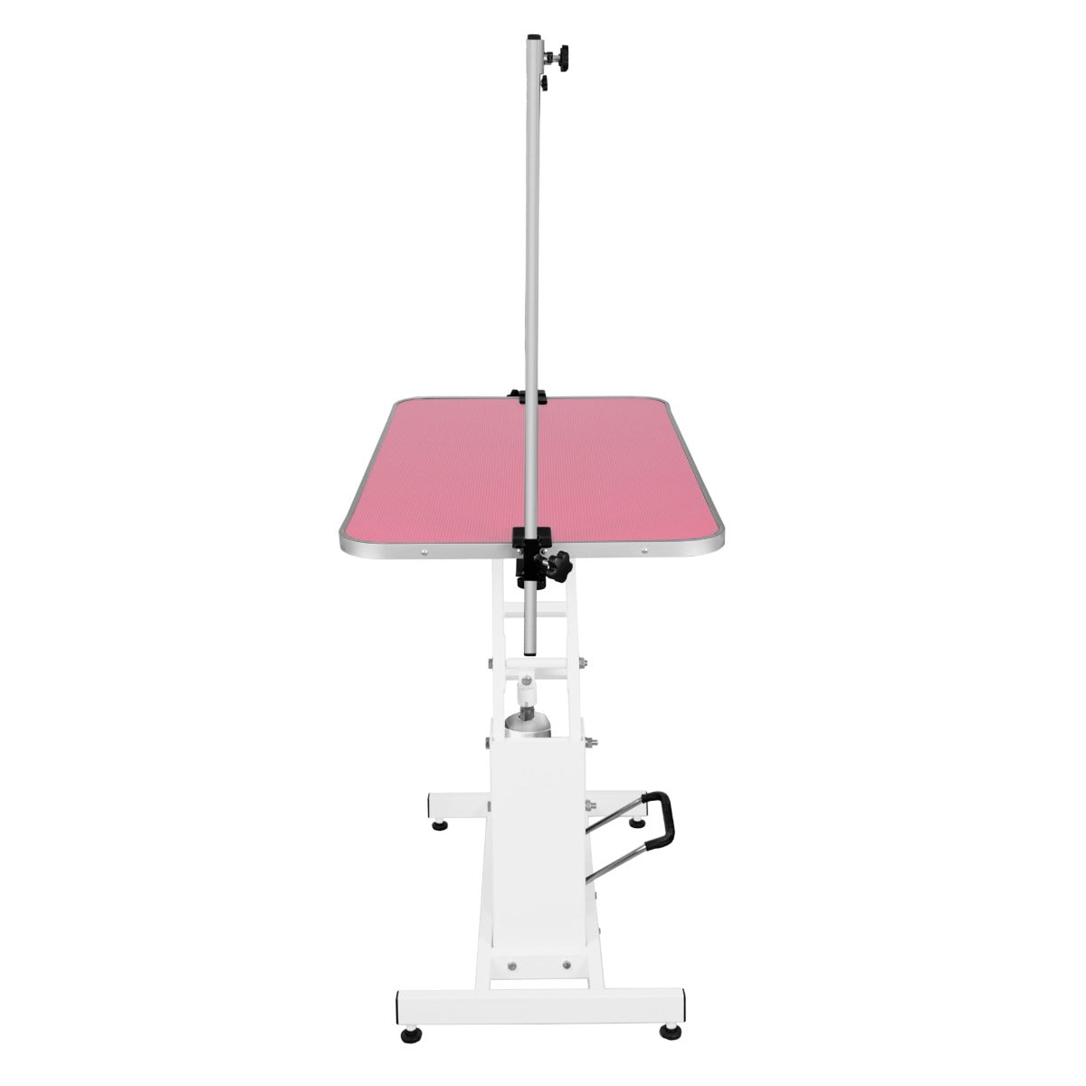 Table de toilettage hydraulique blanche avec plateau rose, structure robuste, surface lisse, et support ajustable pour animaux