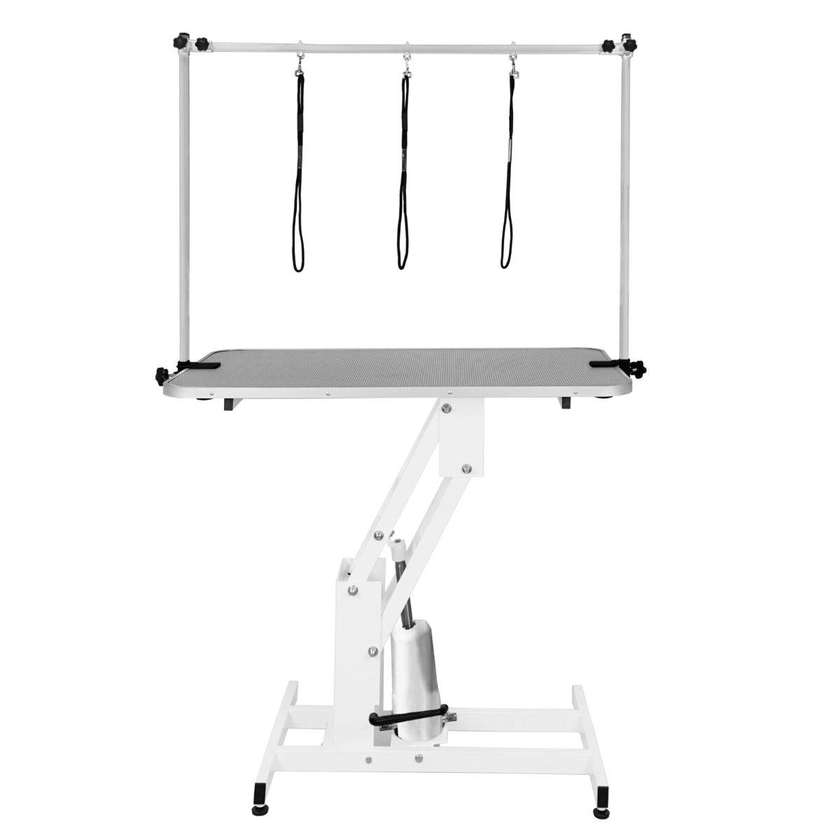 Table de toilettage hydraulique blanche avec plateau gris, équipée de trois sangles suspendues pour maintenir les animaux en place
