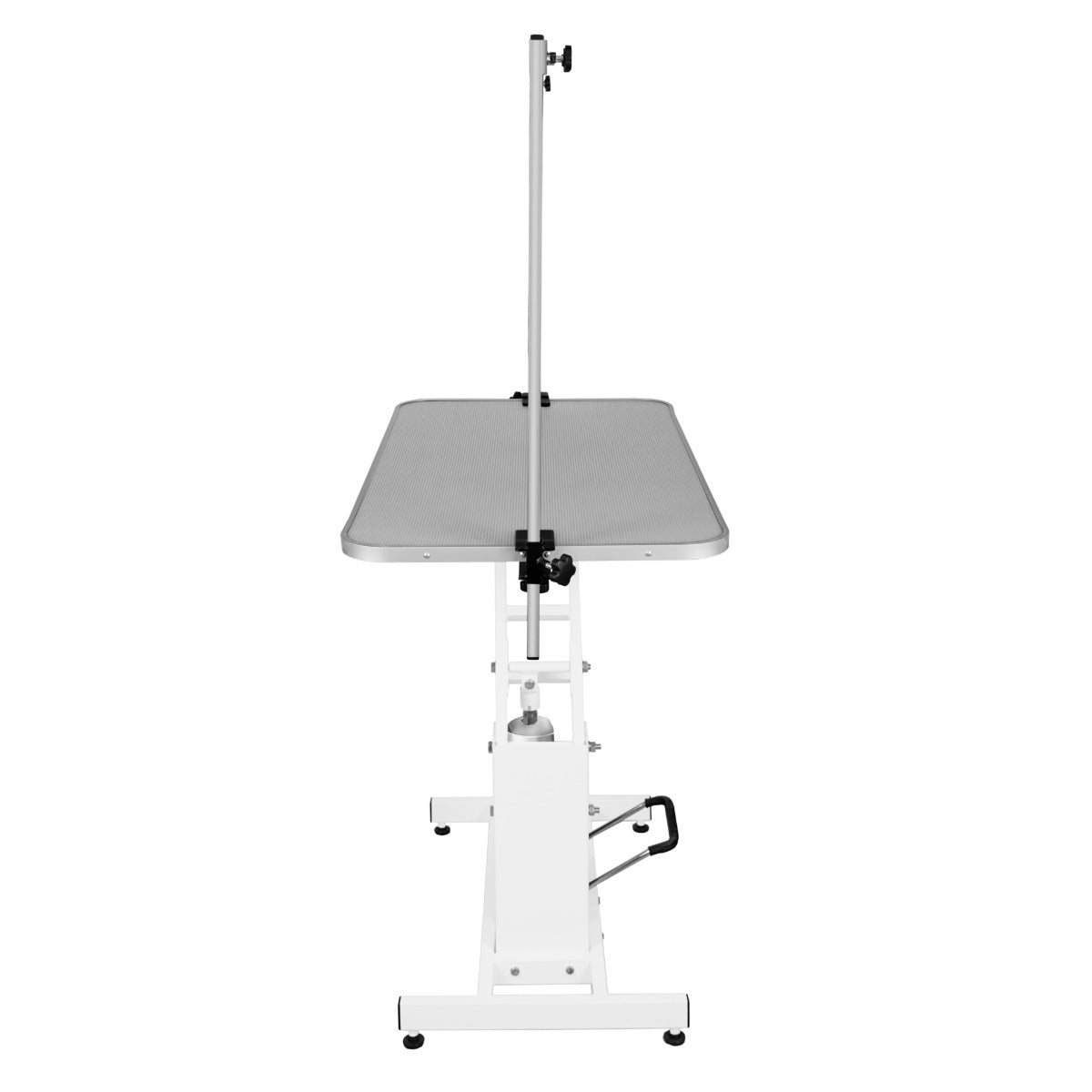 Table de toilettage hydraulique blanche avec plateau gris, structure robuste, réglable en hauteur, roulettes pour mobilité facile